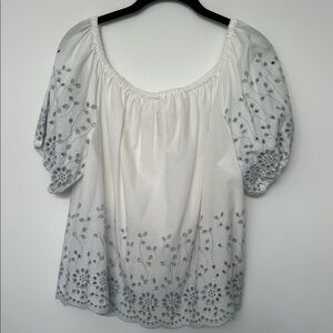 See By Chloe White off Shoulder Top with Light Blue Embroidery